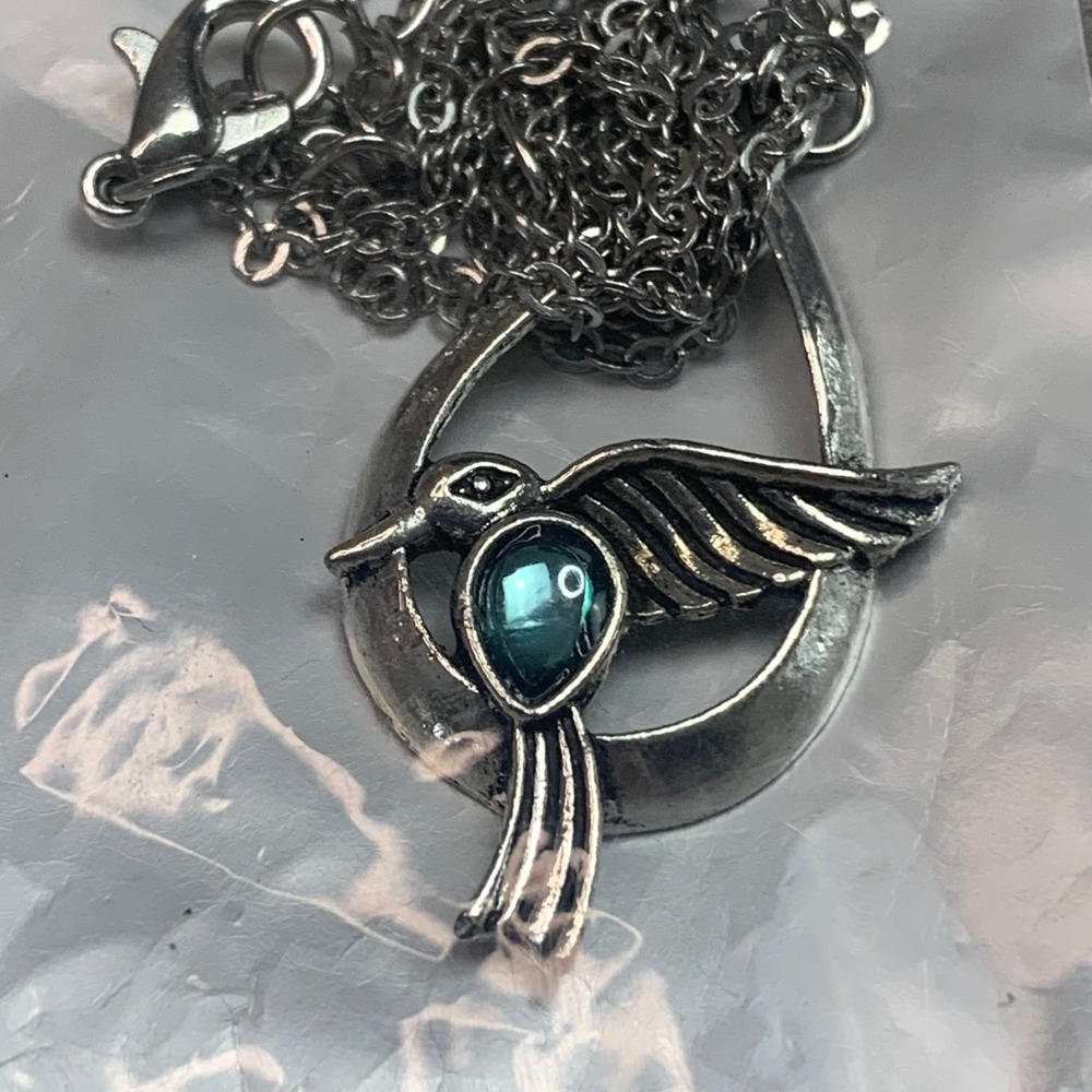 Antique Silver Tone Hummingbird Pendant Necklace Teal Stone Boho18" 5498